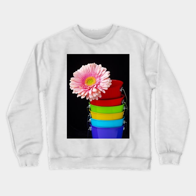 Pink Daisy In Colorful Buckets Crewneck Sweatshirt by photogarry